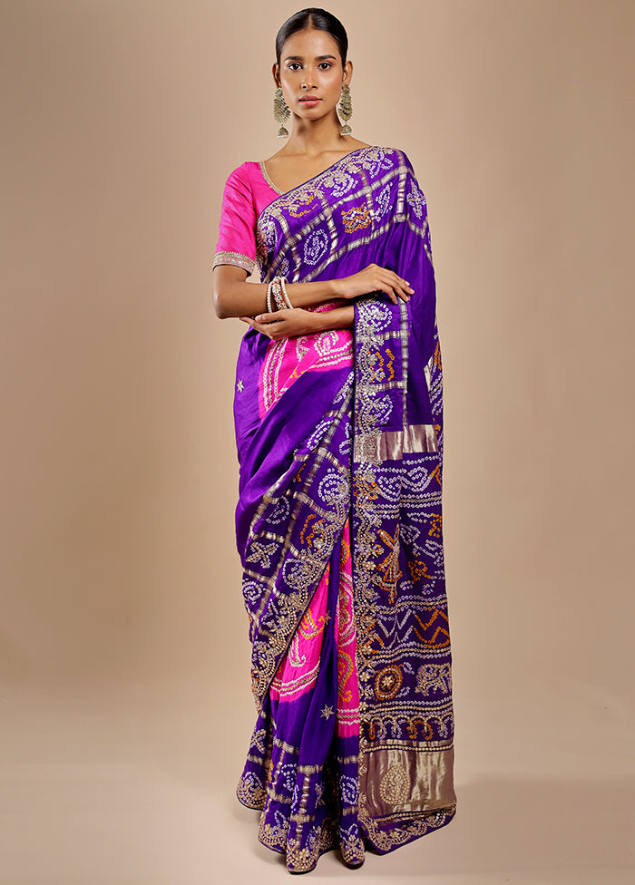 Blue Bandhej Pure Silk Saree Without Blouse Piece