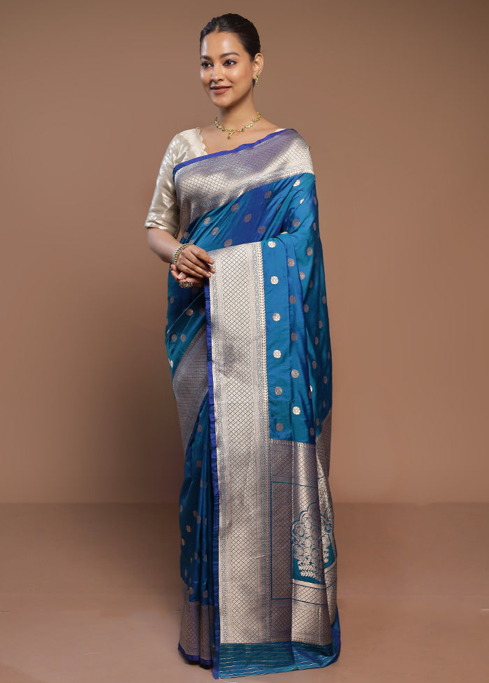 Blue Handloom Katan Pure Silk Saree With Blouse Piece