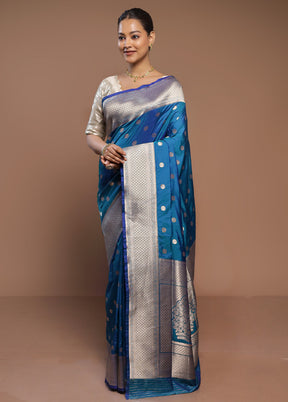 Blue Handloom Katan Pure Silk Saree With Blouse Piece