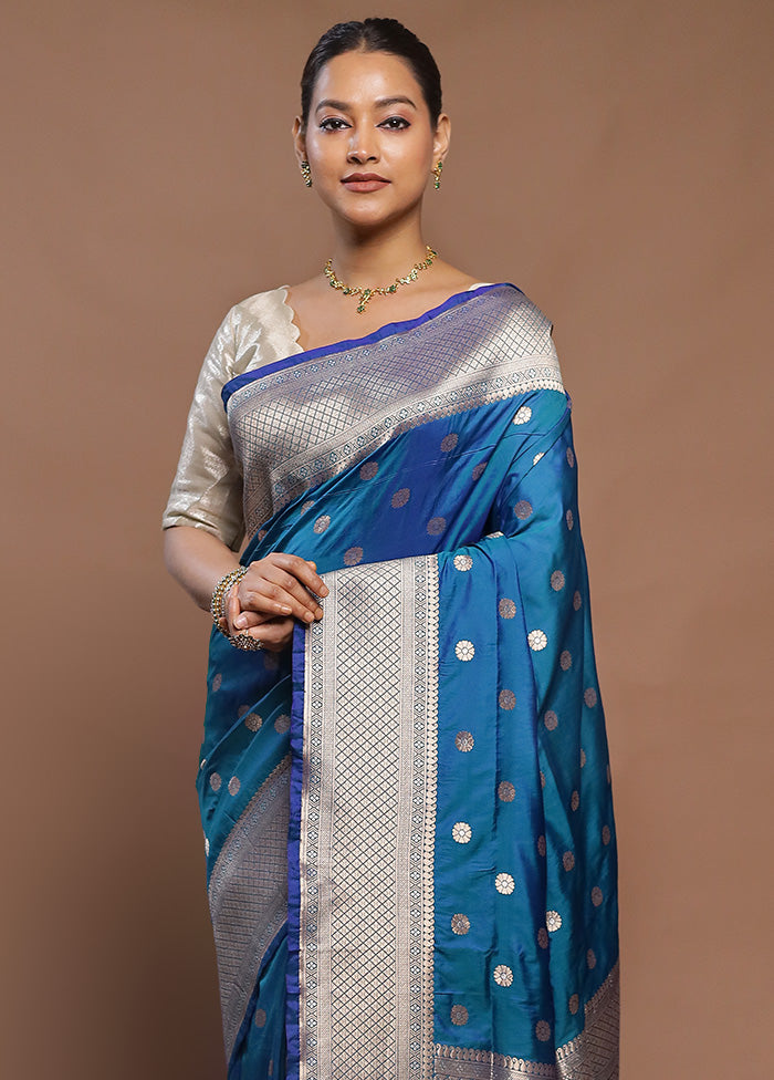 Blue Handloom Katan Pure Silk Saree With Blouse Piece