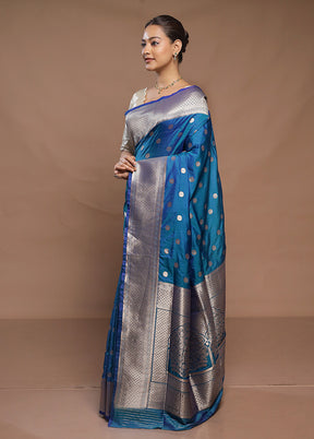 Blue Handloom Katan Pure Silk Saree With Blouse Piece