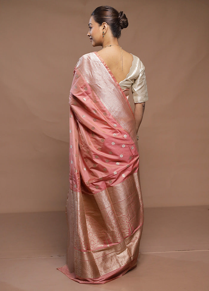 Peach Handloom Katan Pure Silk Saree With Blouse Piece