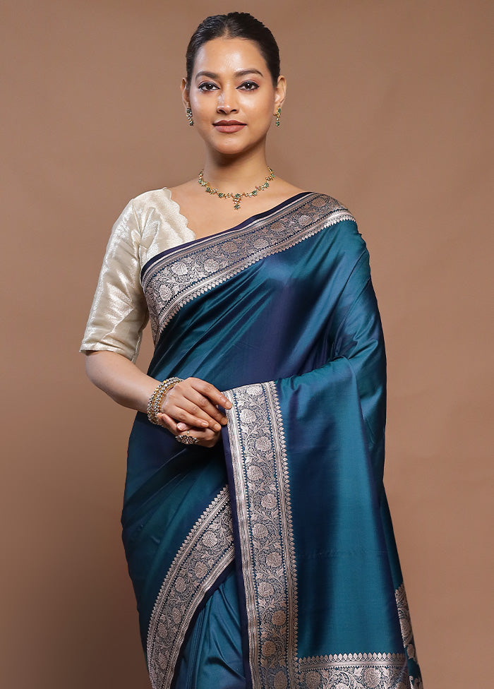 Blue Banarasi Silk Saree With Blouse Piece