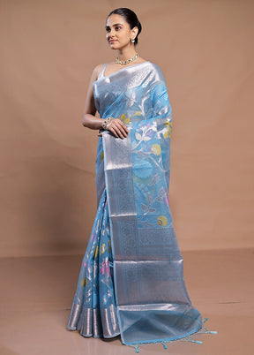 Blue Organza Saree With Blouse Piece