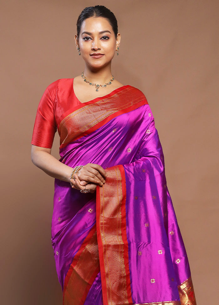 Purple Handloom Kanjivaram Pure Silk Saree With Blouse Piece