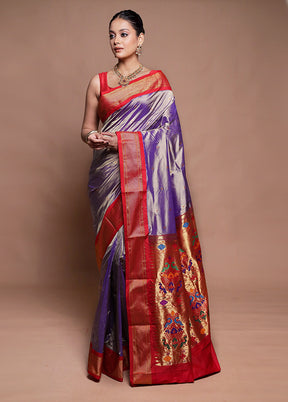 Purple Handloom Kanjivaram Pure Silk Saree With Blouse Piece