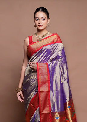 Purple Handloom Kanjivaram Pure Silk Saree With Blouse Piece