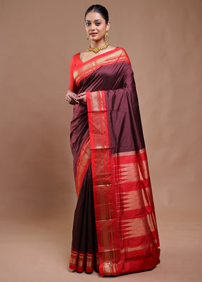 Maroon Handloom Kanjivaram Pure Silk Saree With Blouse Piece