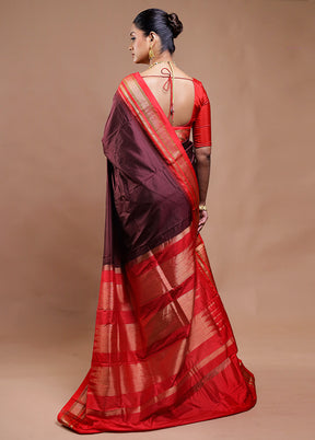 Maroon Handloom Kanjivaram Pure Silk Saree With Blouse Piece