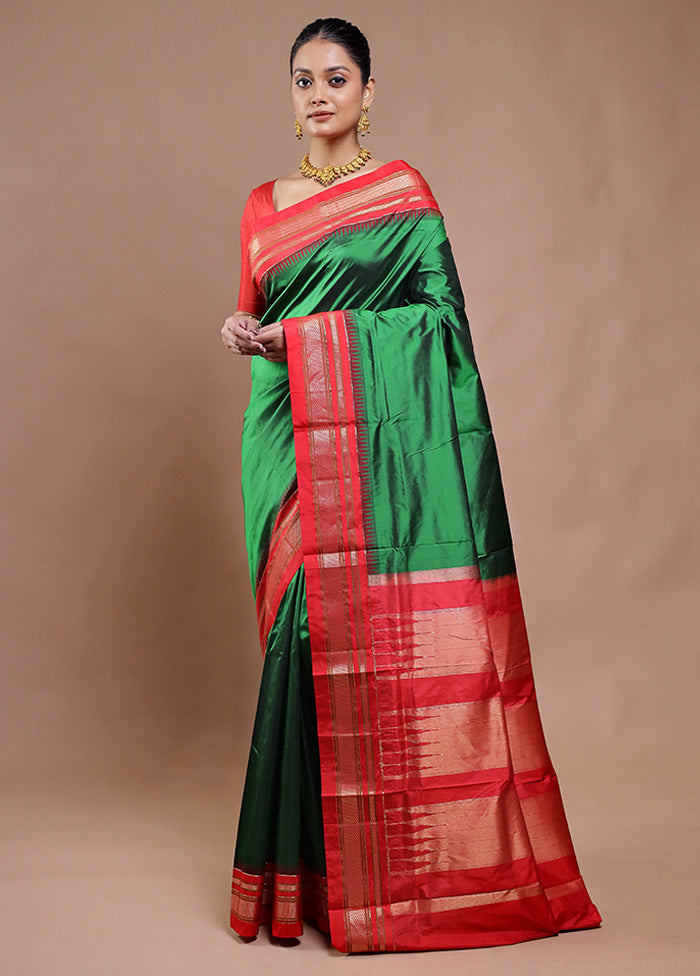 Green Handloom Kanjivaram Pure Silk Saree With Blouse Piece