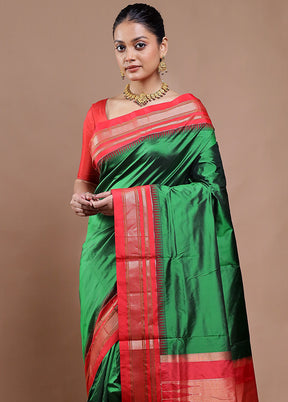 Green Handloom Kanjivaram Pure Silk Saree With Blouse Piece