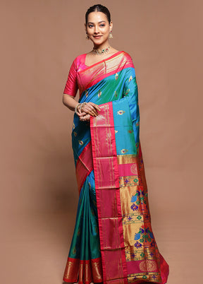 Blue Handloom Kanchipuram Pure Silk Saree With Blouse Piece