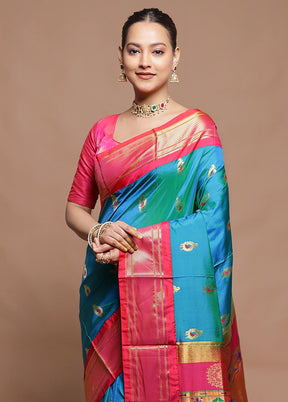 Blue Handloom Kanchipuram Pure Silk Saree With Blouse Piece
