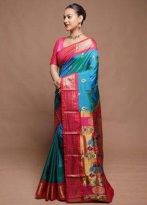 Blue Handloom Kanchipuram Pure Silk Saree With Blouse Piece