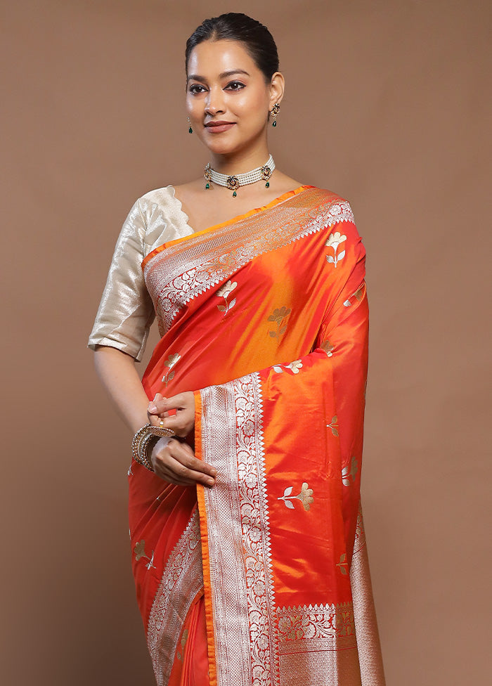 Orange Katan Silk Saree With Blouse Piece