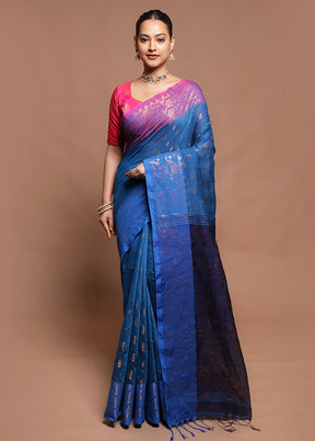 Blue Cotton Saree With Blouse Piece