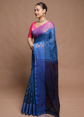 Blue Cotton Saree With Blouse Piece