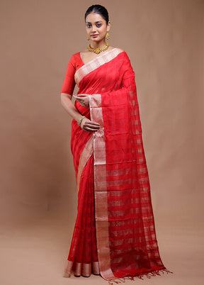 Red Cotton Saree With Blouse Piece