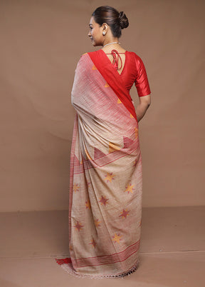 Cream Cotton Saree With Blouse Piece