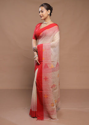 Cream Cotton Saree With Blouse Piece