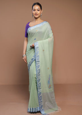 Green Cotton Saree With Blouse Piece