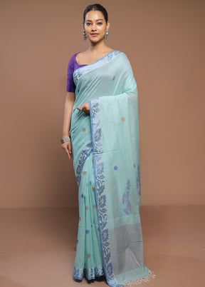 Blue Cotton Saree With Blouse Piece