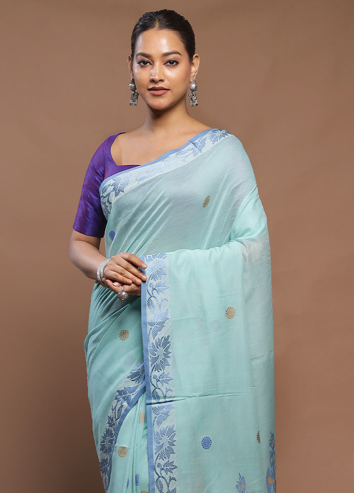 Blue Cotton Saree With Blouse Piece