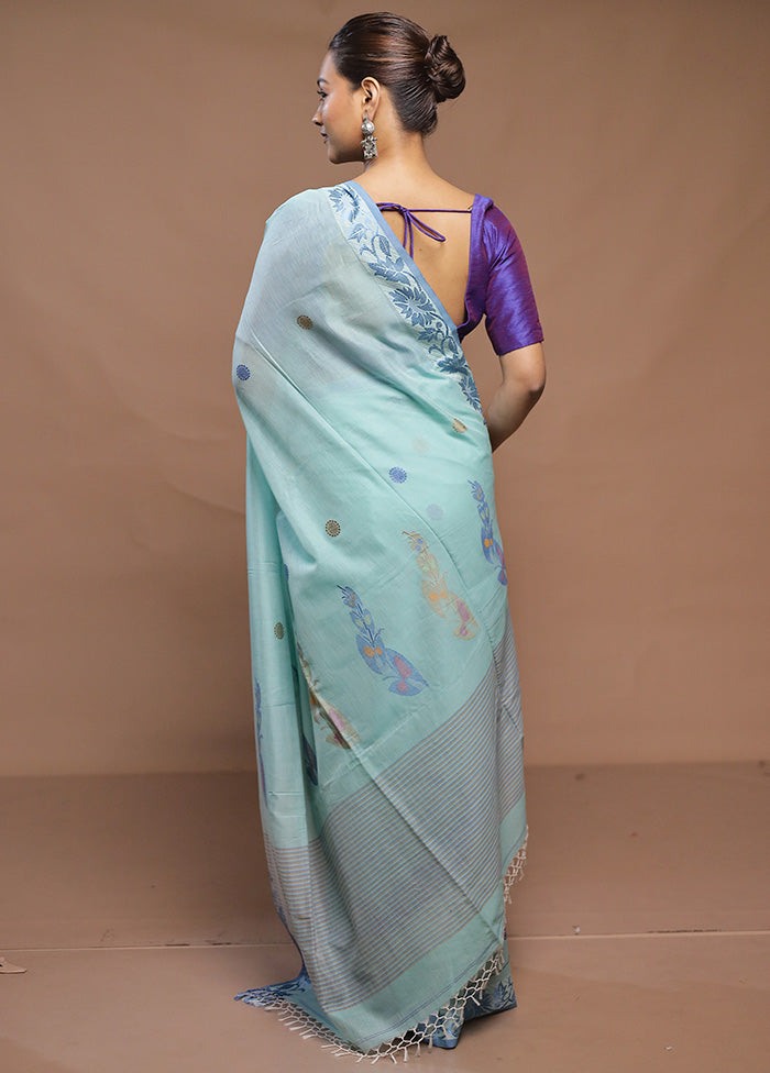 Blue Cotton Saree With Blouse Piece