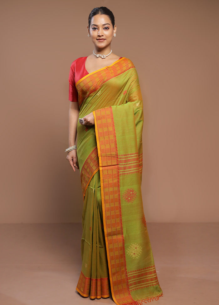 Green Cotton Saree With Blouse Piece