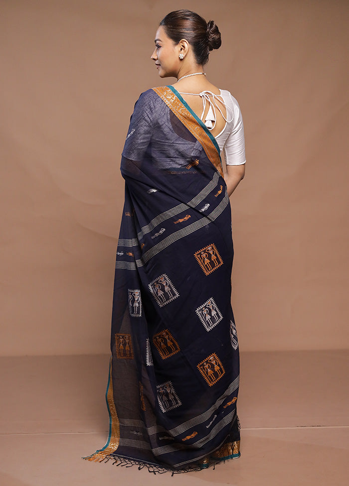 Blue Cotton Saree With Blouse Piece