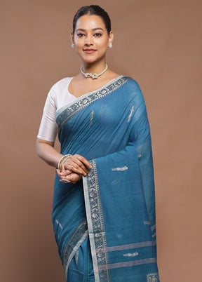 Blue Cotton Saree With Blouse Piece