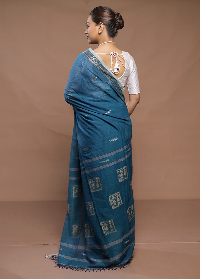 Blue Cotton Saree With Blouse Piece