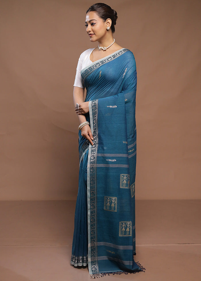 Blue Cotton Saree With Blouse Piece