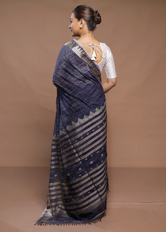 Blue Cotton Saree With Blouse Piece