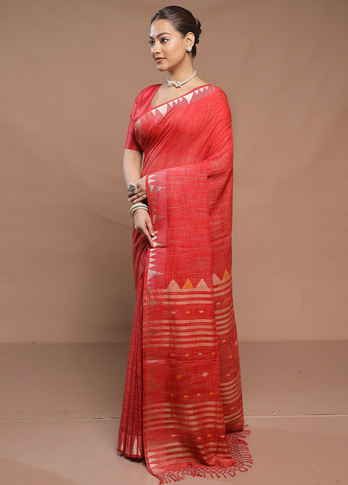 Red Cotton Saree With Blouse Piece