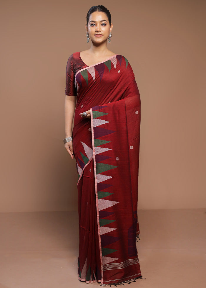 Maroon Cotton Saree With Blouse Piece