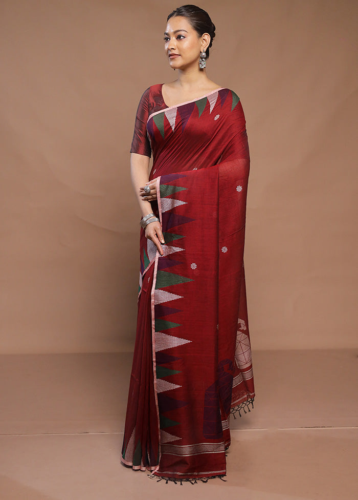 Maroon Cotton Saree With Blouse Piece