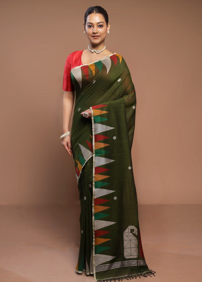 Green Cotton Saree With Blouse Piece