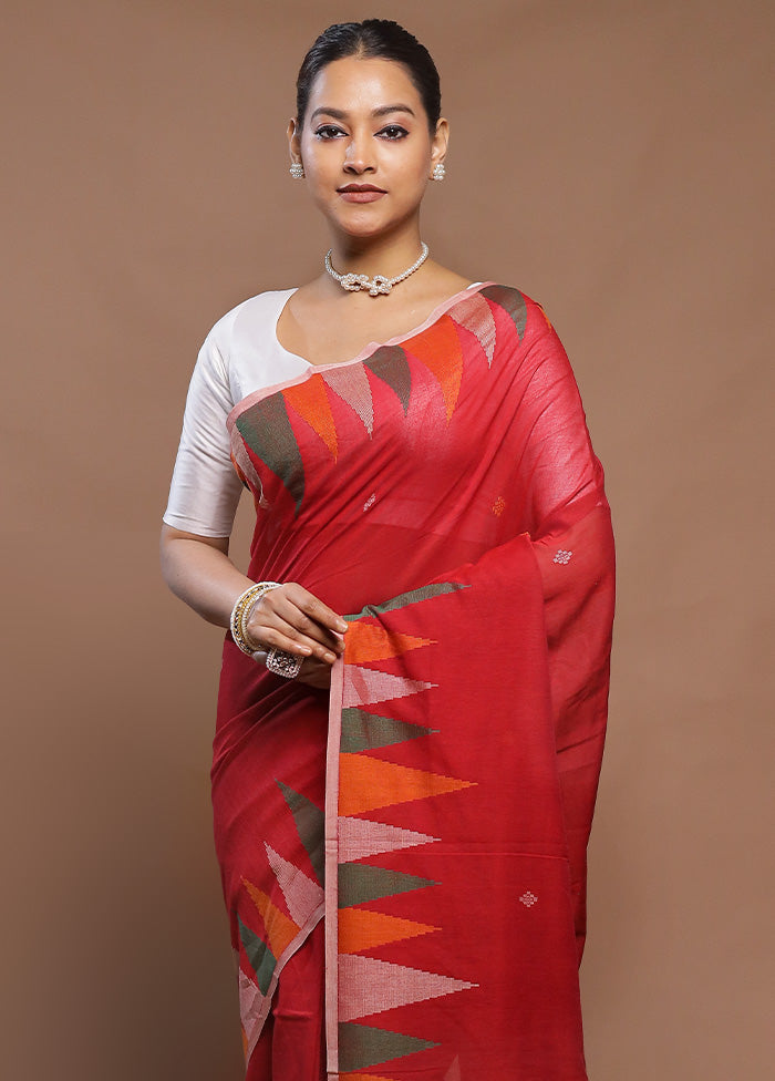 Red Cotton Saree With Blouse Piece