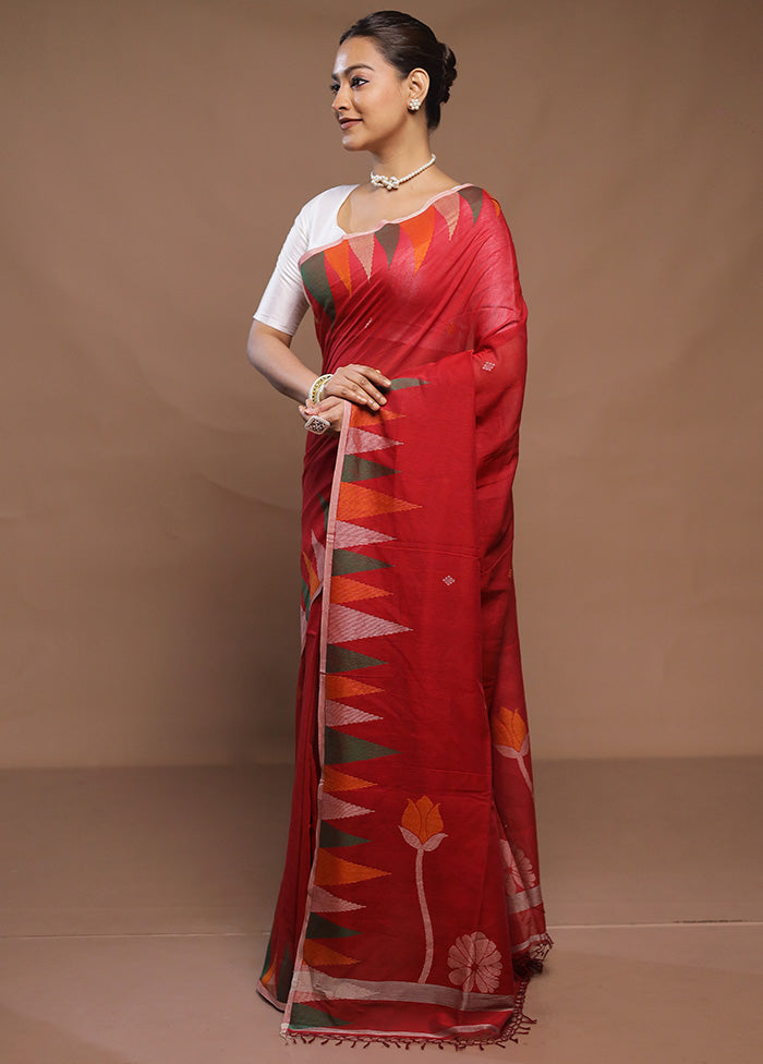 Red Cotton Saree With Blouse Piece