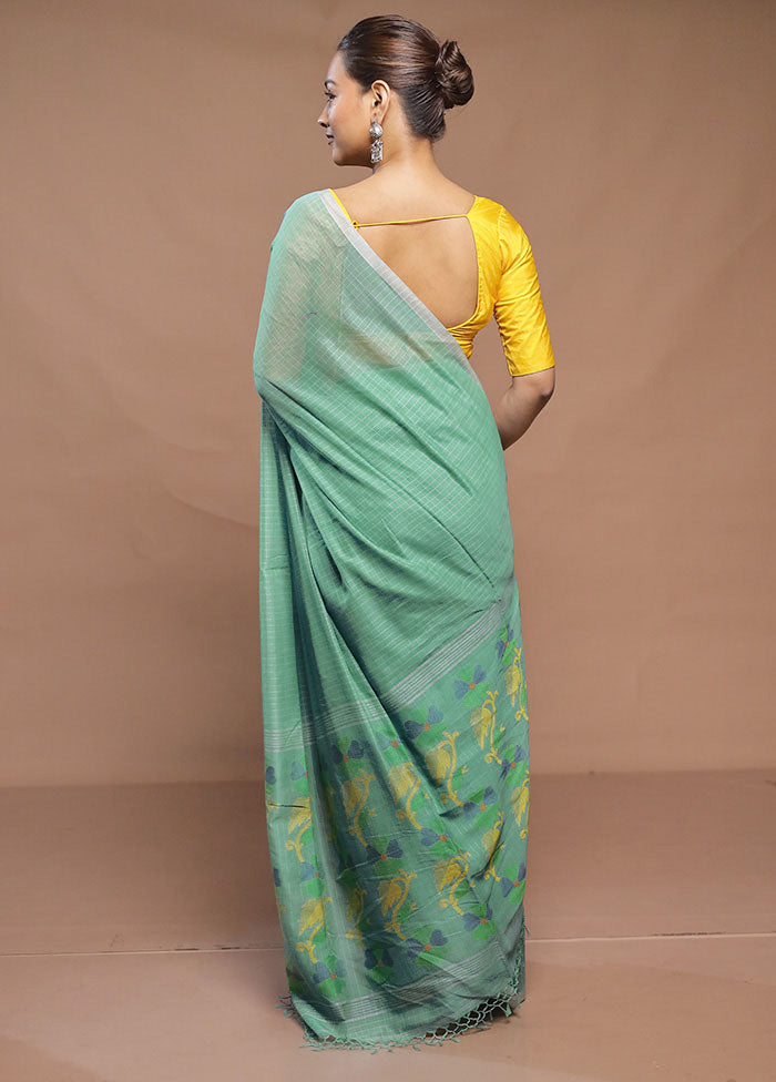 Green Cotton Saree With Blouse Piece