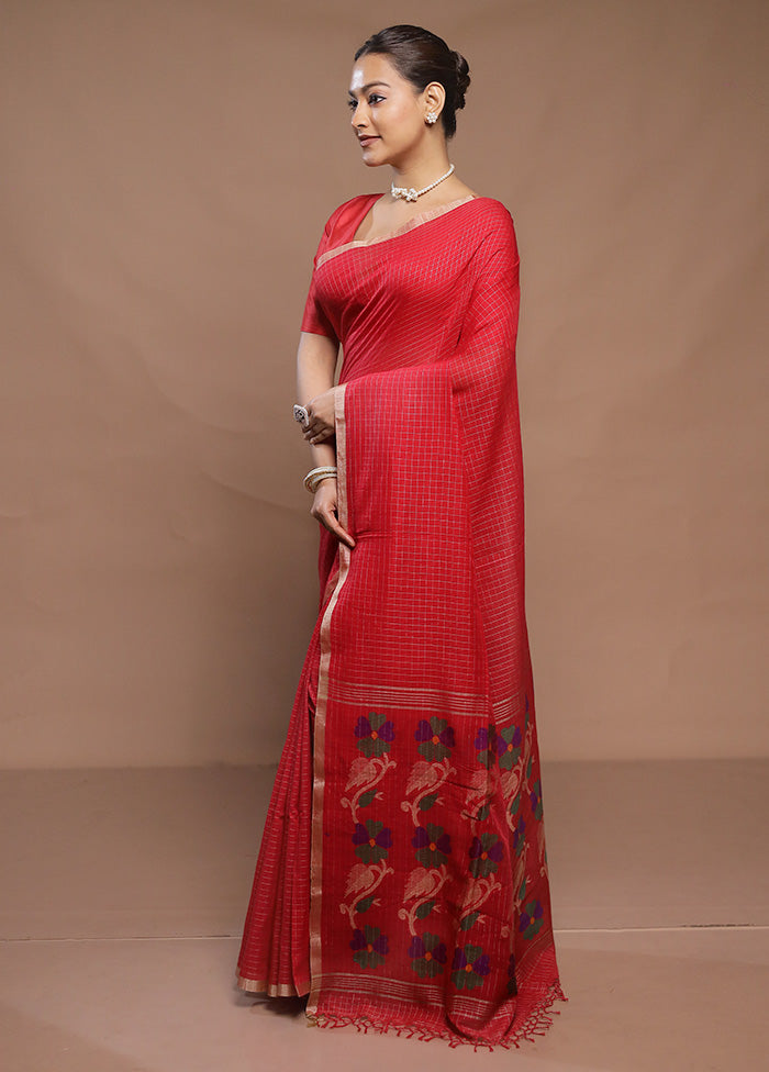 Red Cotton Saree With Blouse Piece