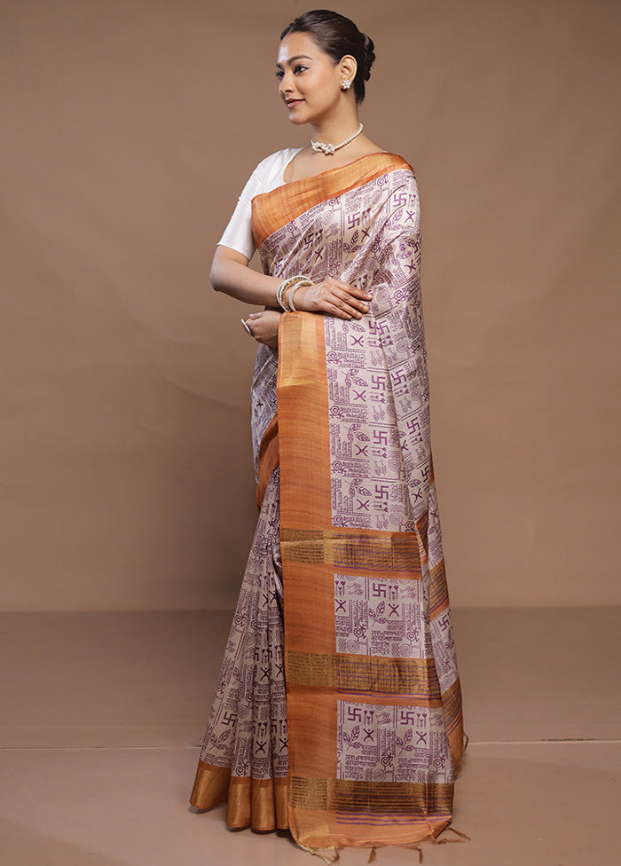 Cream Tussar Silk Saree With Blouse Piece