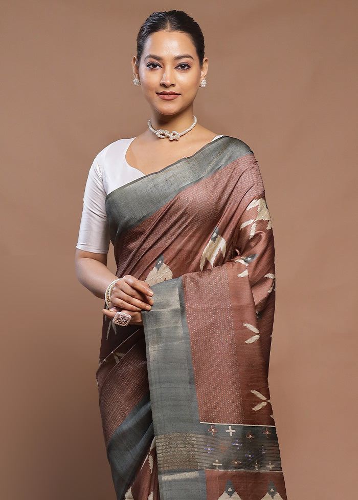 Brown Tussar Silk Saree With Blouse Piece