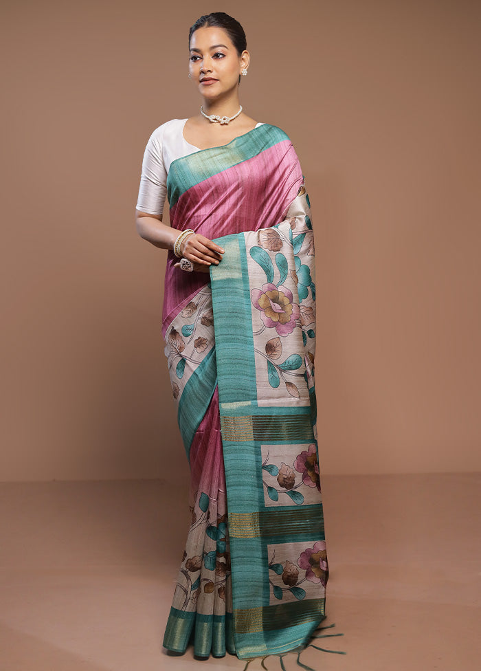 Pink Tussar Silk Saree With Blouse Piece