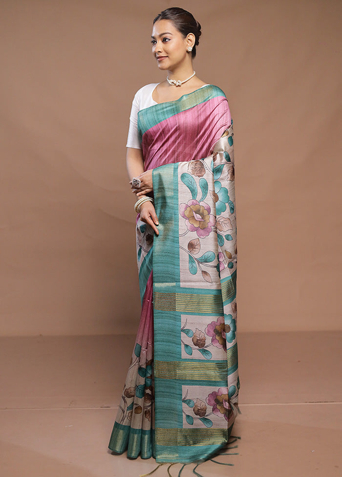 Pink Tussar Silk Saree With Blouse Piece