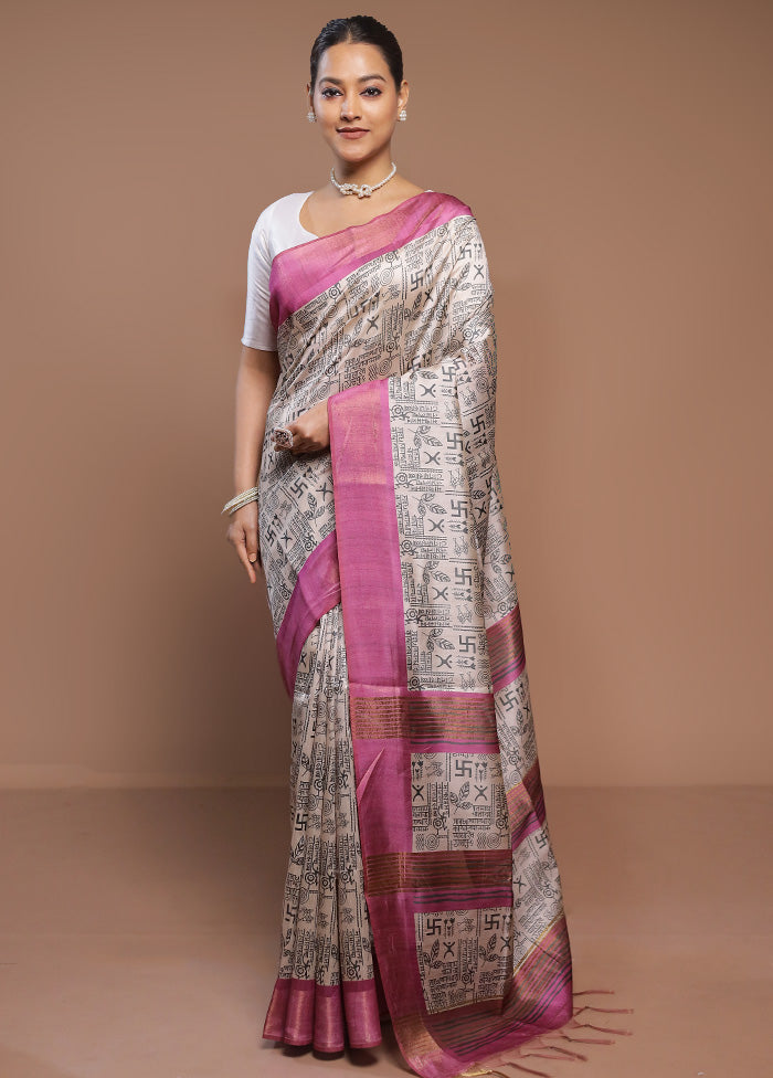 Cream Tussar Silk Saree With Blouse Piece