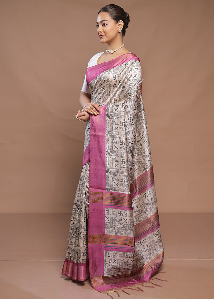 Cream Tussar Silk Saree With Blouse Piece