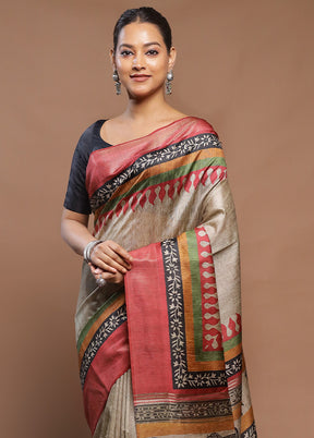 Cream Tussar Silk Saree With Blouse Piece