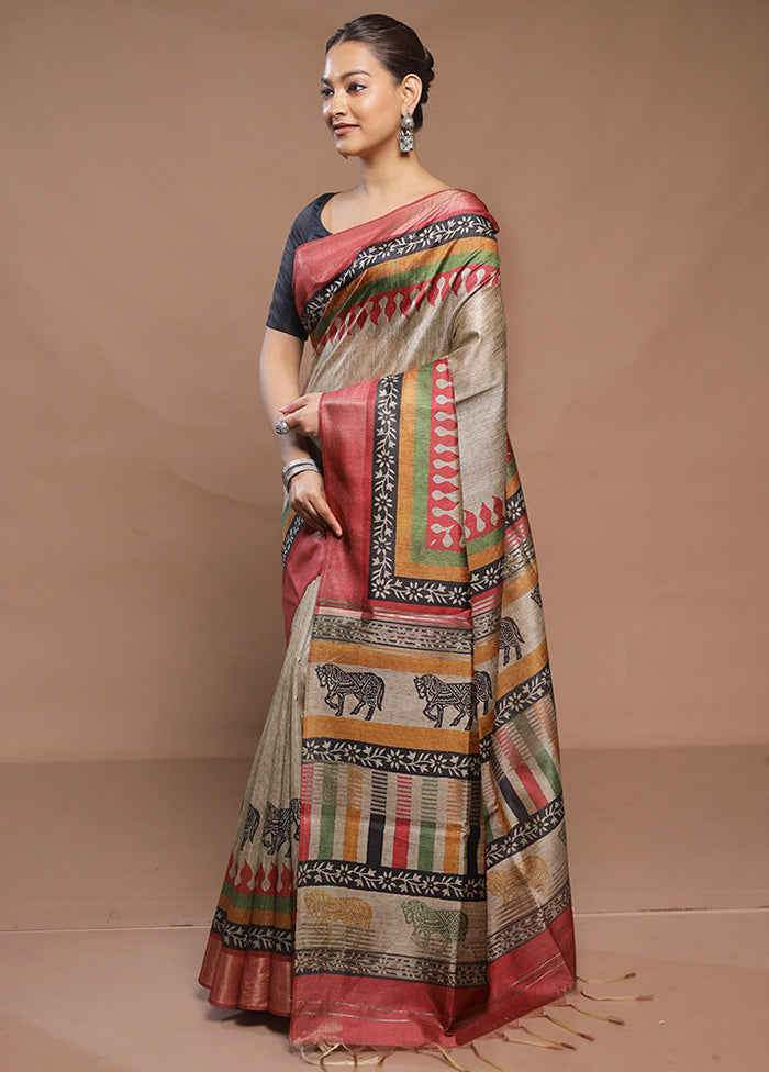 Cream Tussar Silk Saree With Blouse Piece